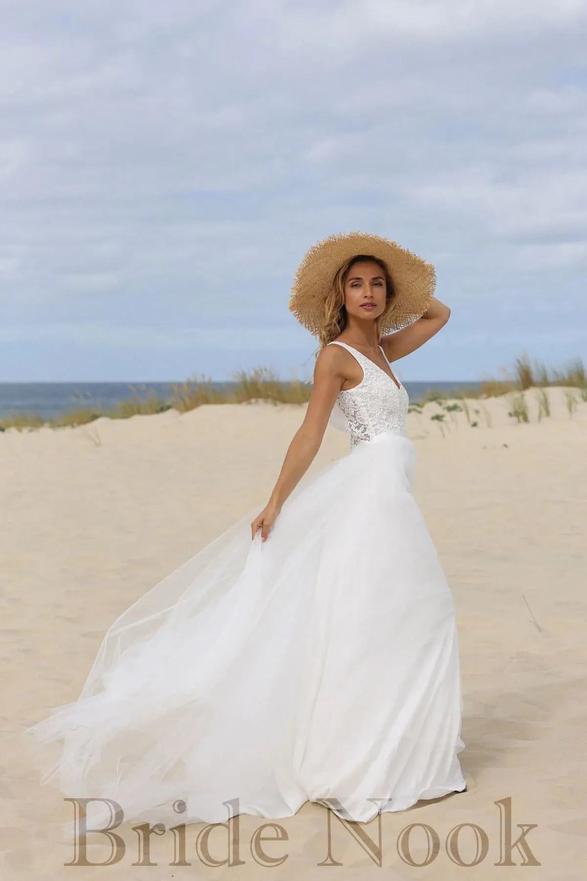 A Line V Neck Lace Wedding Dress With Tulle Skirt | Bride Nook