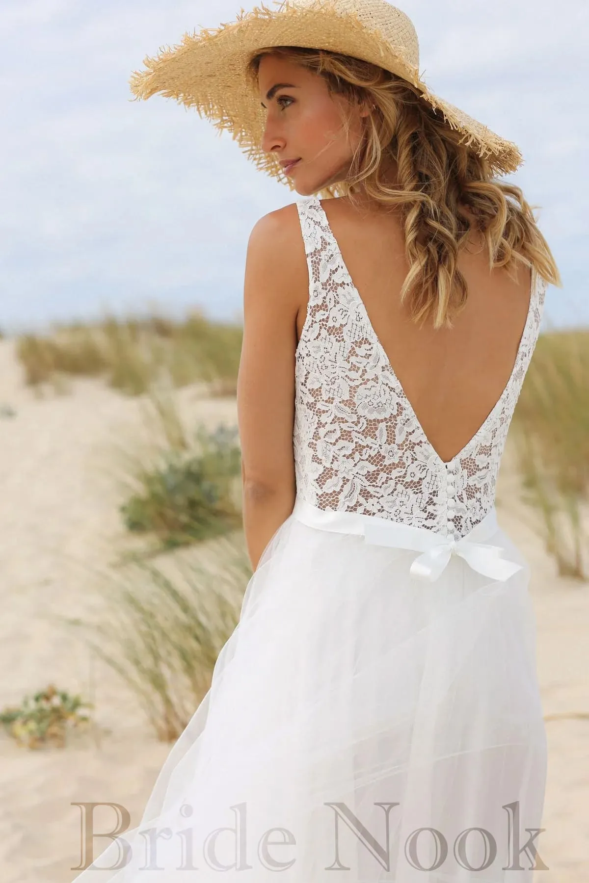 A Line V Neck Lace Wedding Dress With Tulle Skirt | Bride Nook