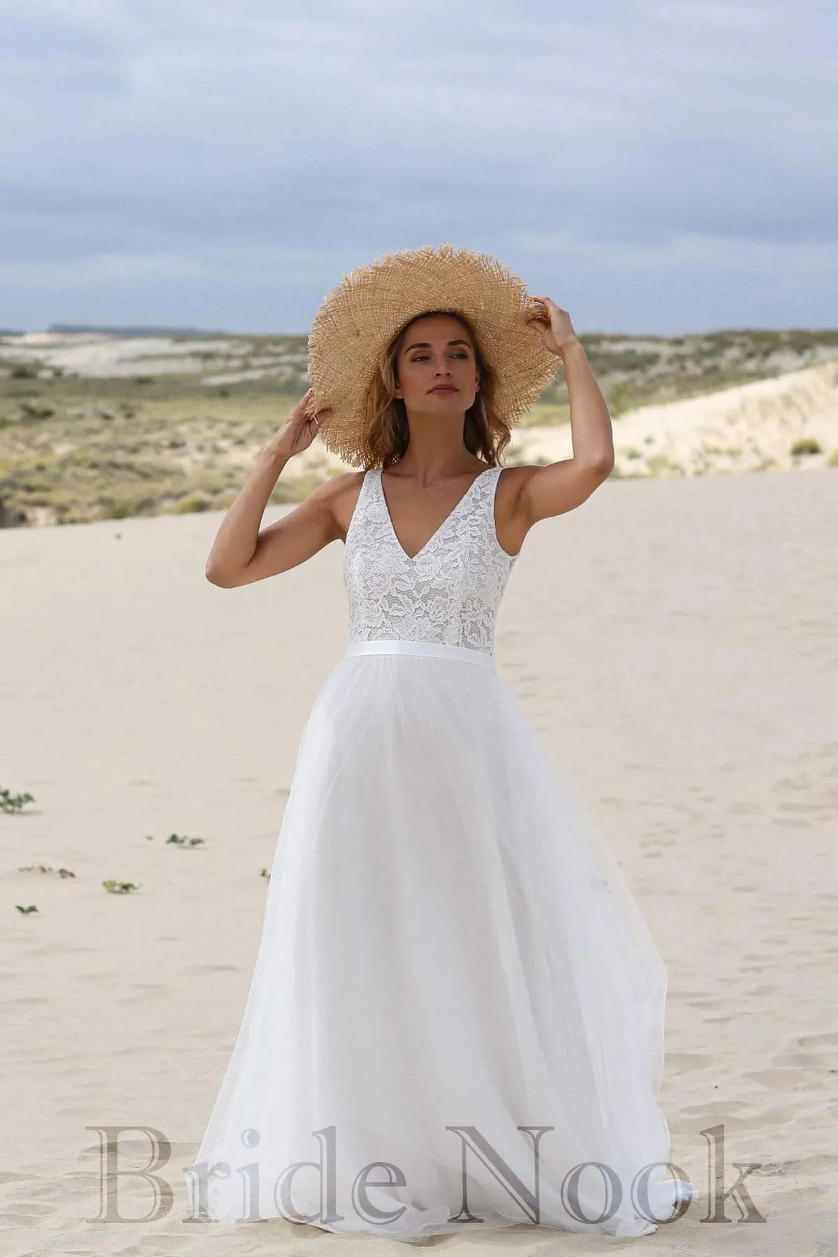 A Line V Neck Lace Wedding Dress With Tulle Skirt | Bride Nook