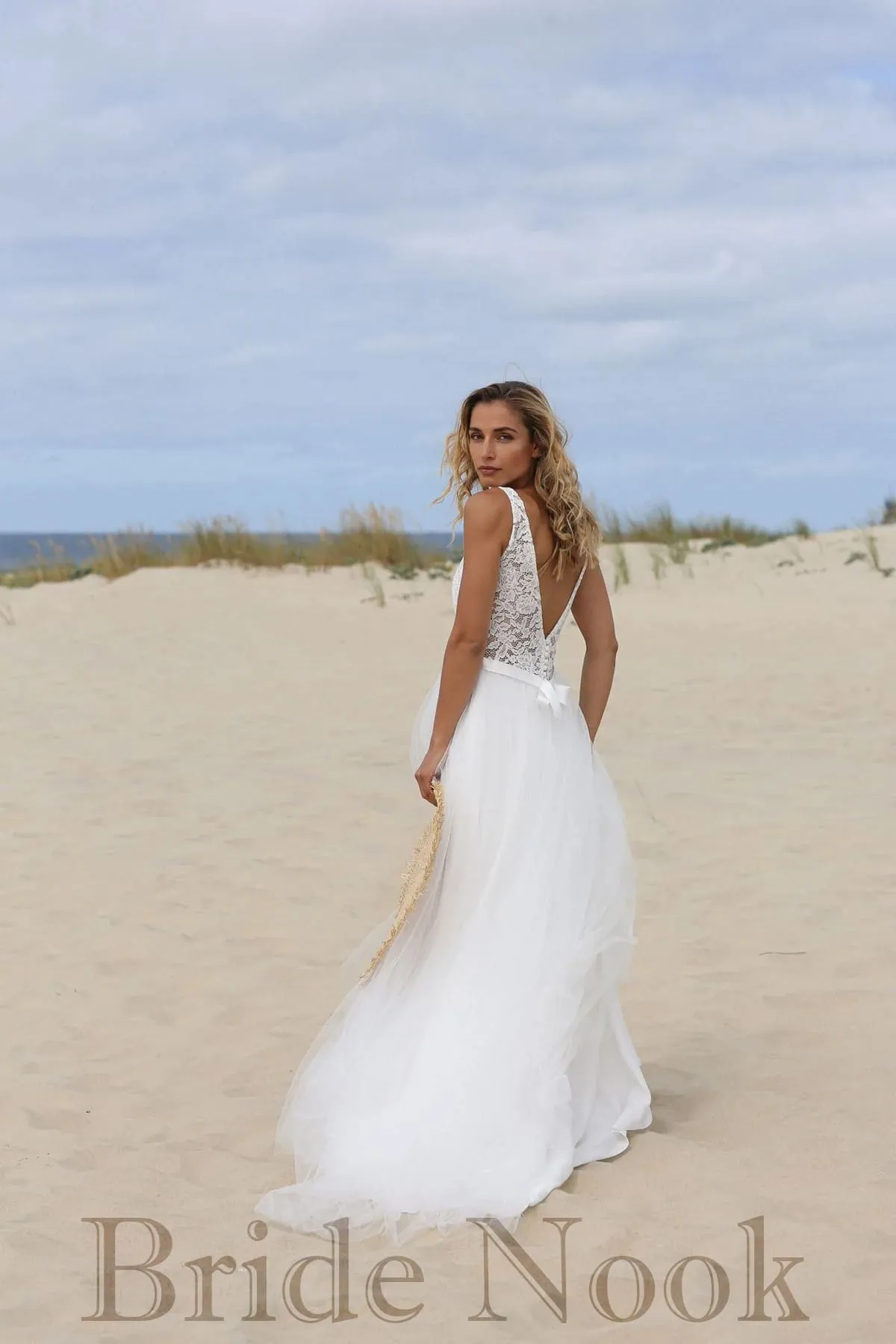 A Line V Neck Lace Wedding Dress With Tulle Skirt | Bride Nook