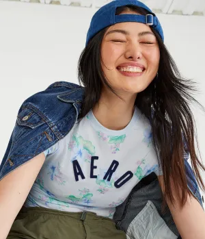 Aeropostale Womens' Tropical Floral Applique Graphic Tee - Light Blue - Size XXL - Cotton - Teen Fashion & Clothing Blue Haze