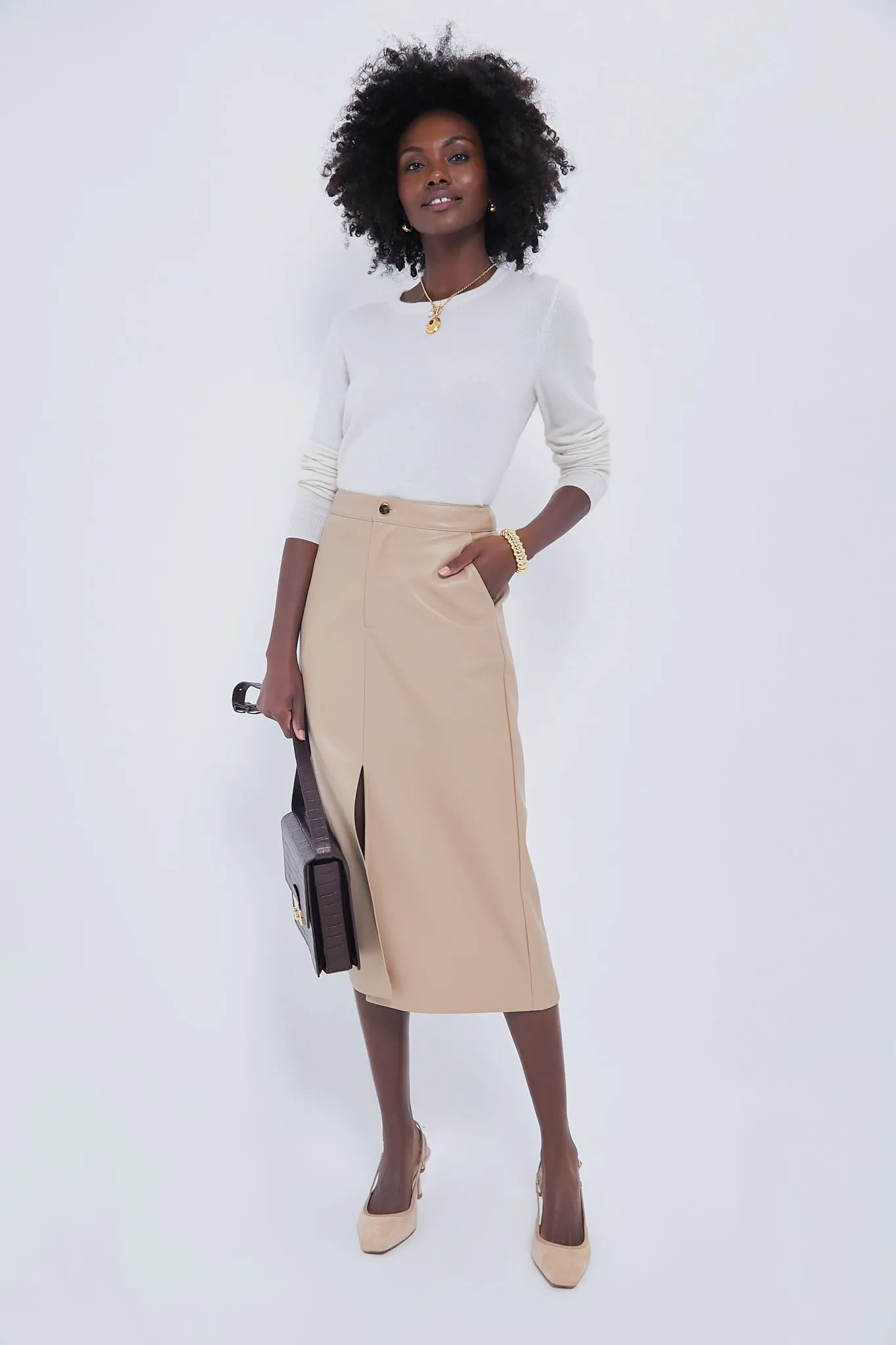 Almond Faux Leather Ingrid Midi Skirt