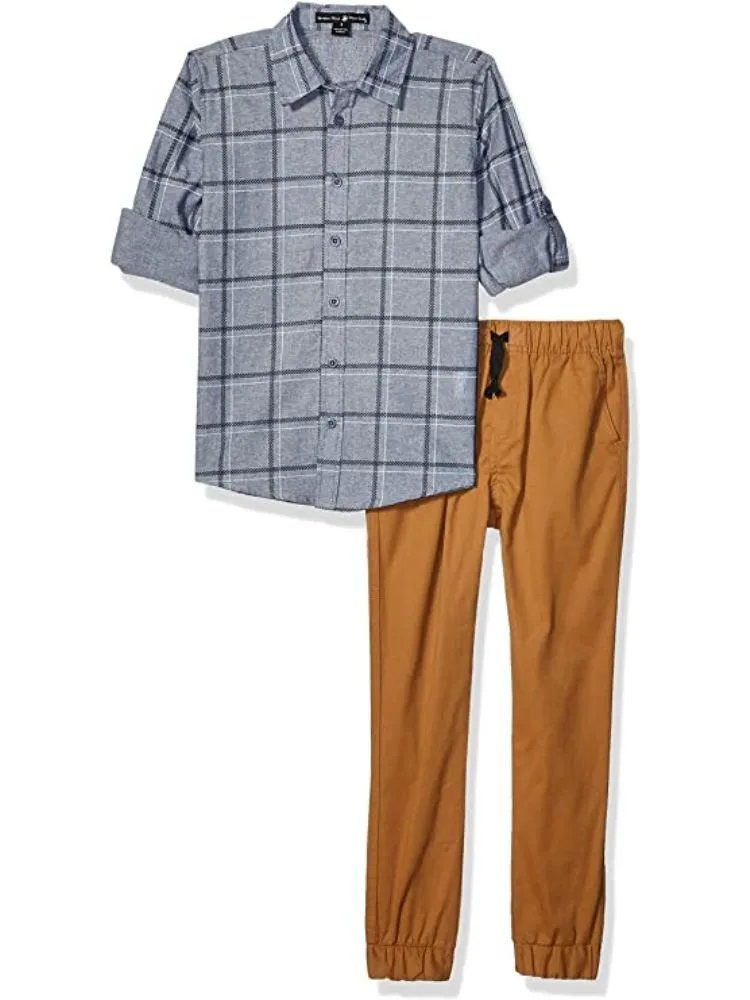 Beverly Hills Polo Club Boys 2 Piece Grey Checked Dress Shirt Twill Pants Outfit, Sizes 4-7