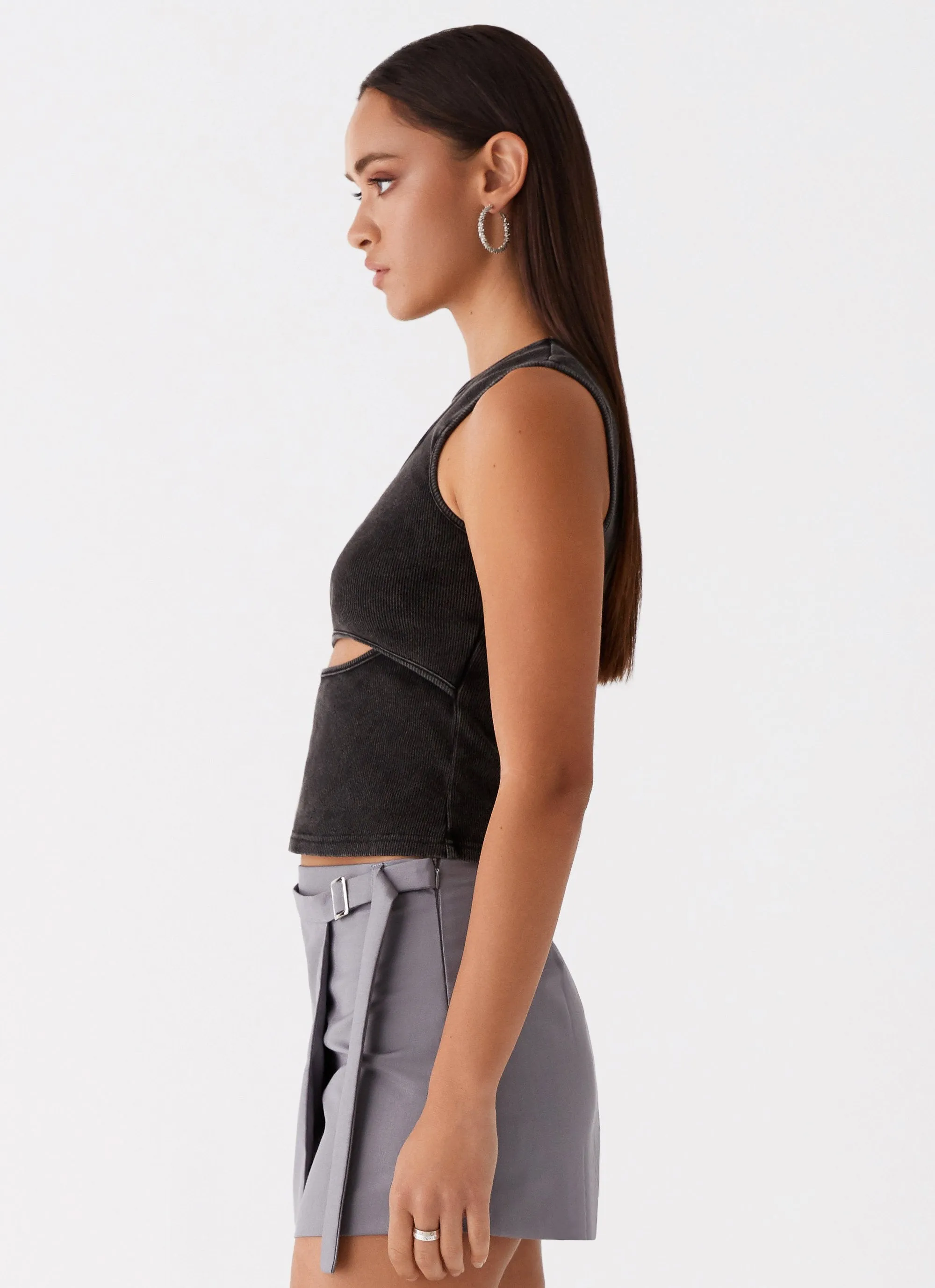 Beyond Cut Out Ribbed Top - Charcoal