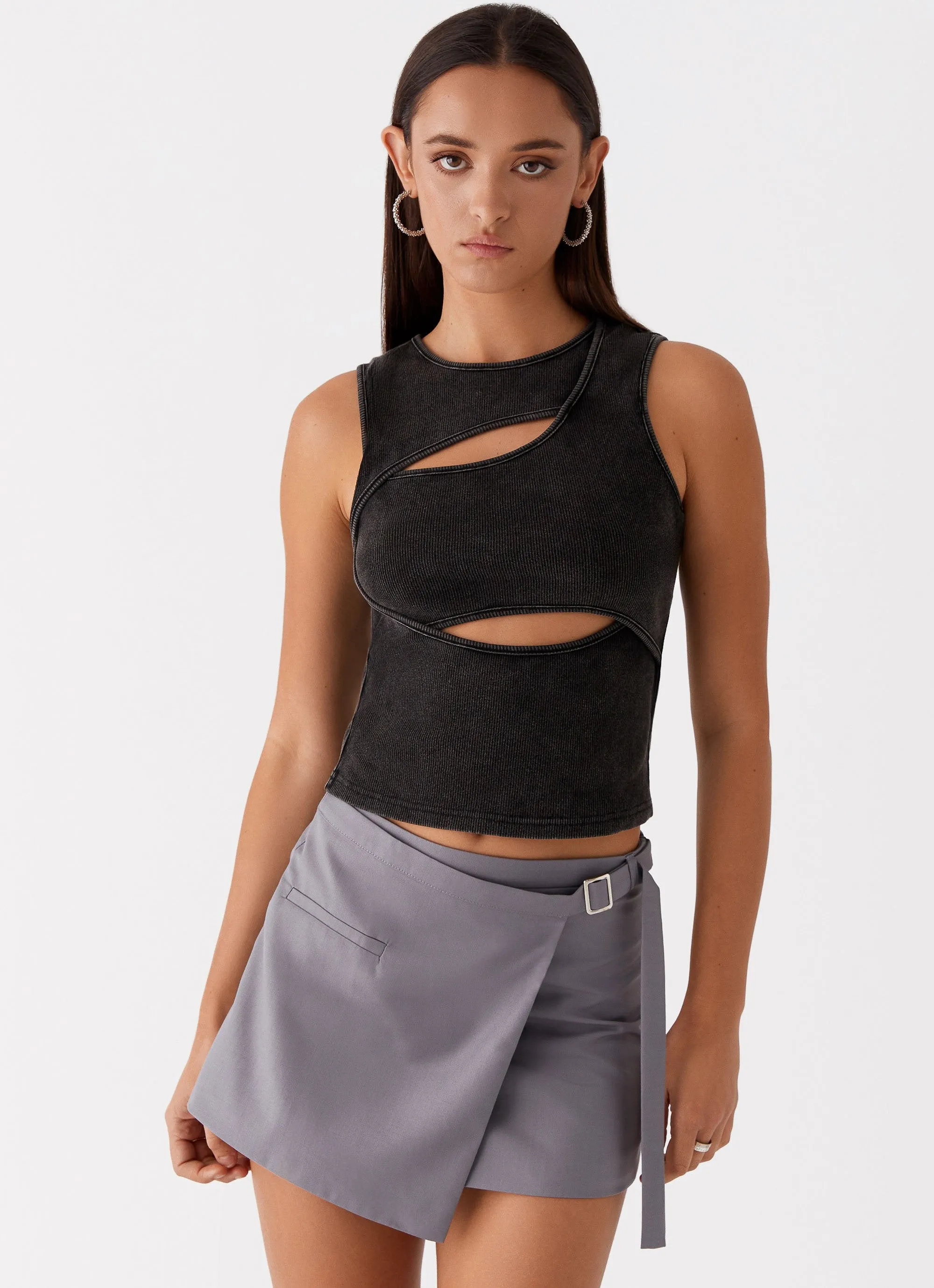 Beyond Cut Out Ribbed Top - Charcoal