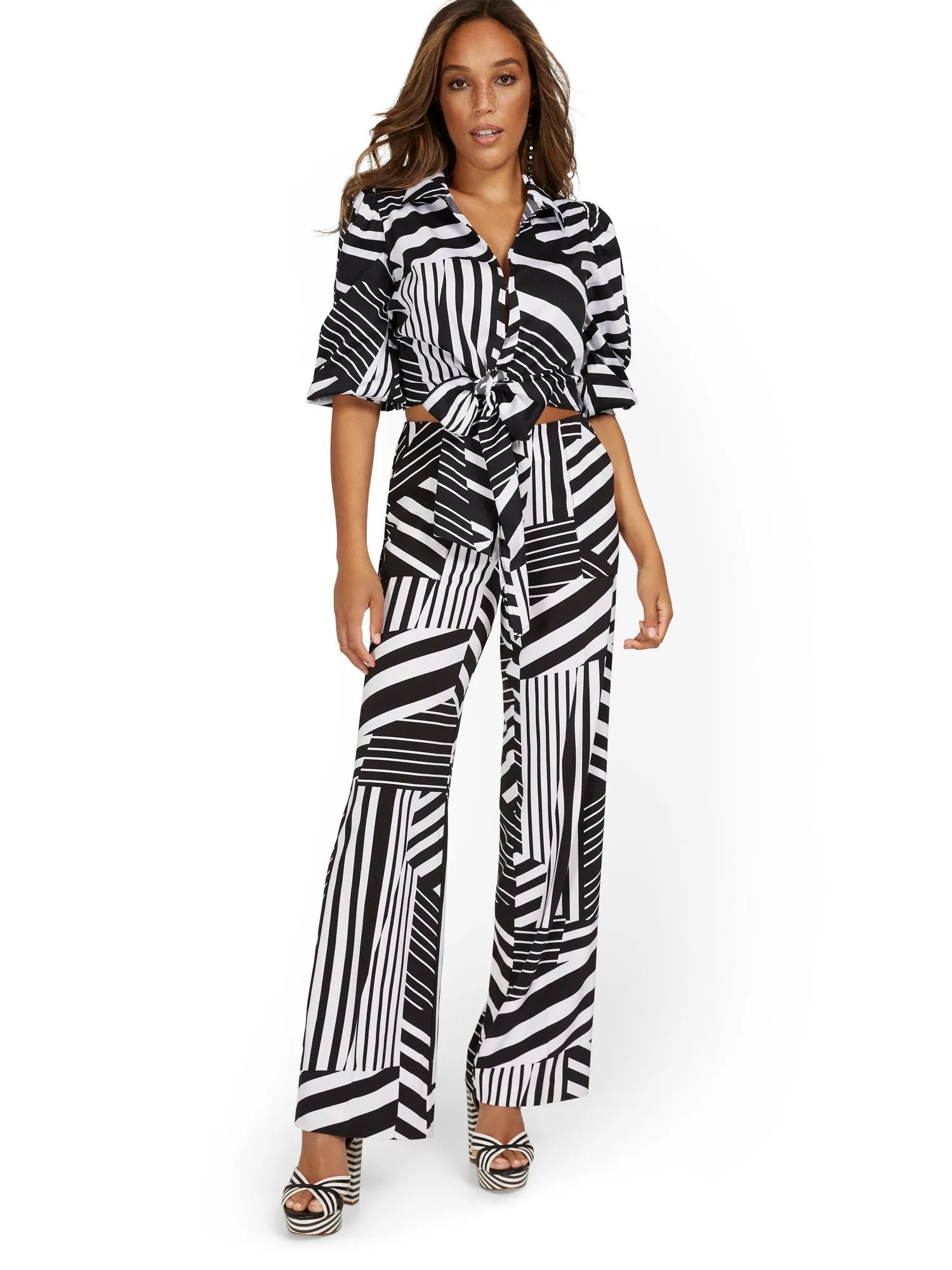 Black and White Abstract Wide-Leg Pant