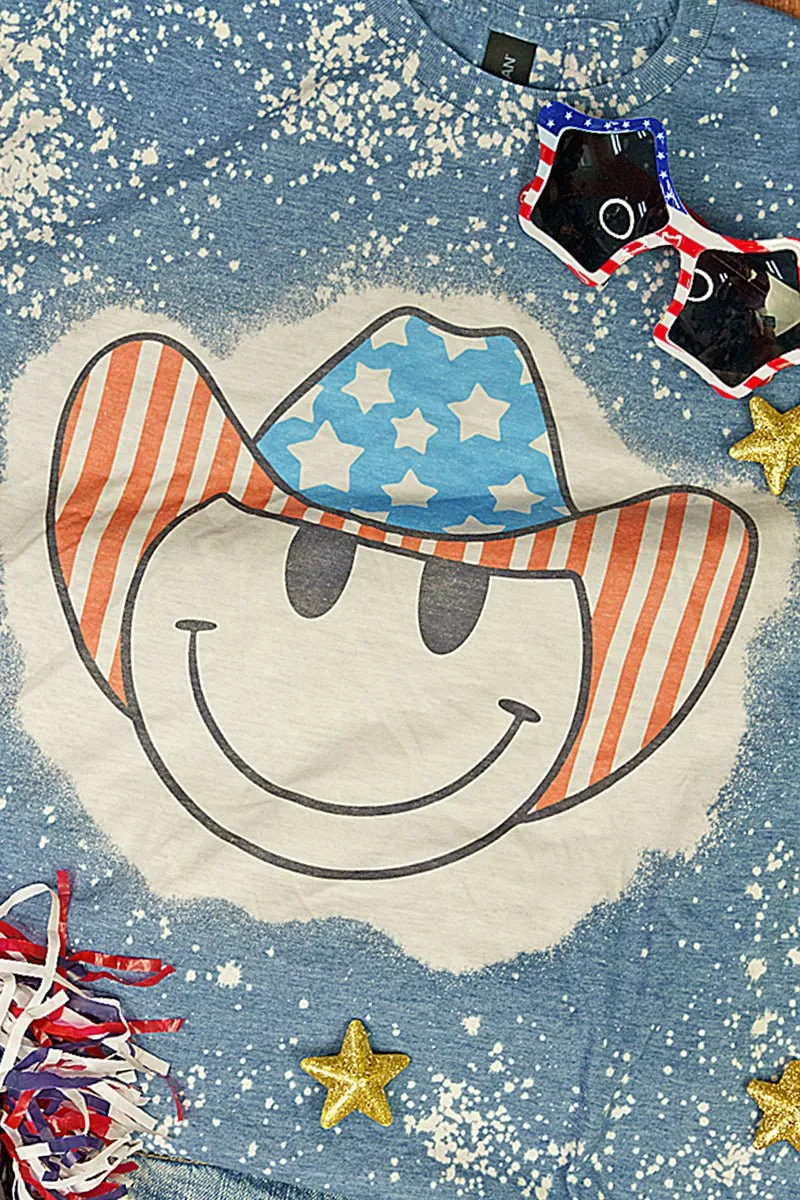 Bleached Patriotic Cowboy Happy Face Softstyle Adult T-Shirt