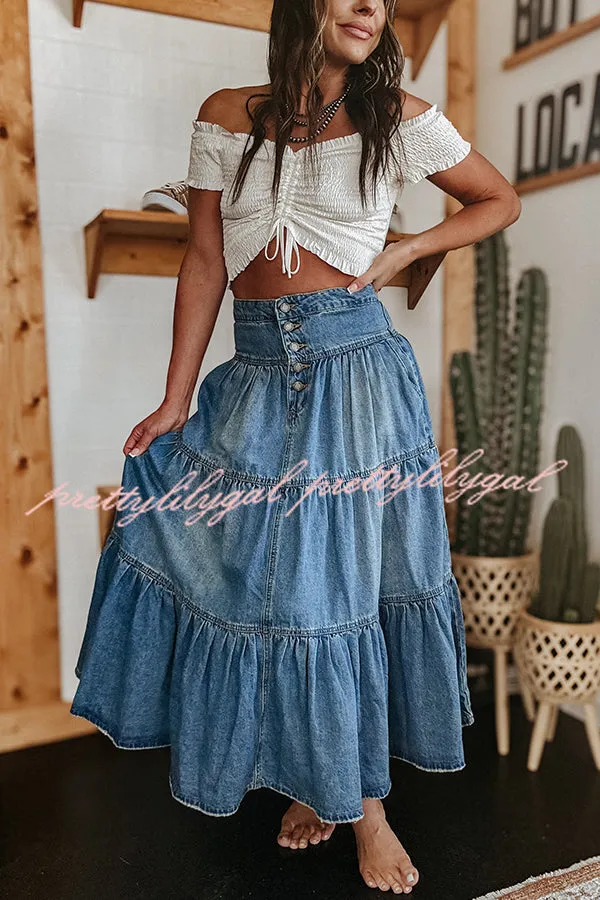 Bohemian High Rise Button Up Loose Denim Pocket Maxi Skirt