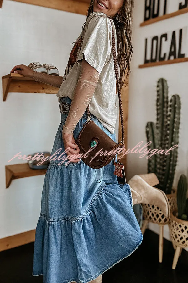 Bohemian High Rise Button Up Loose Denim Pocket Maxi Skirt