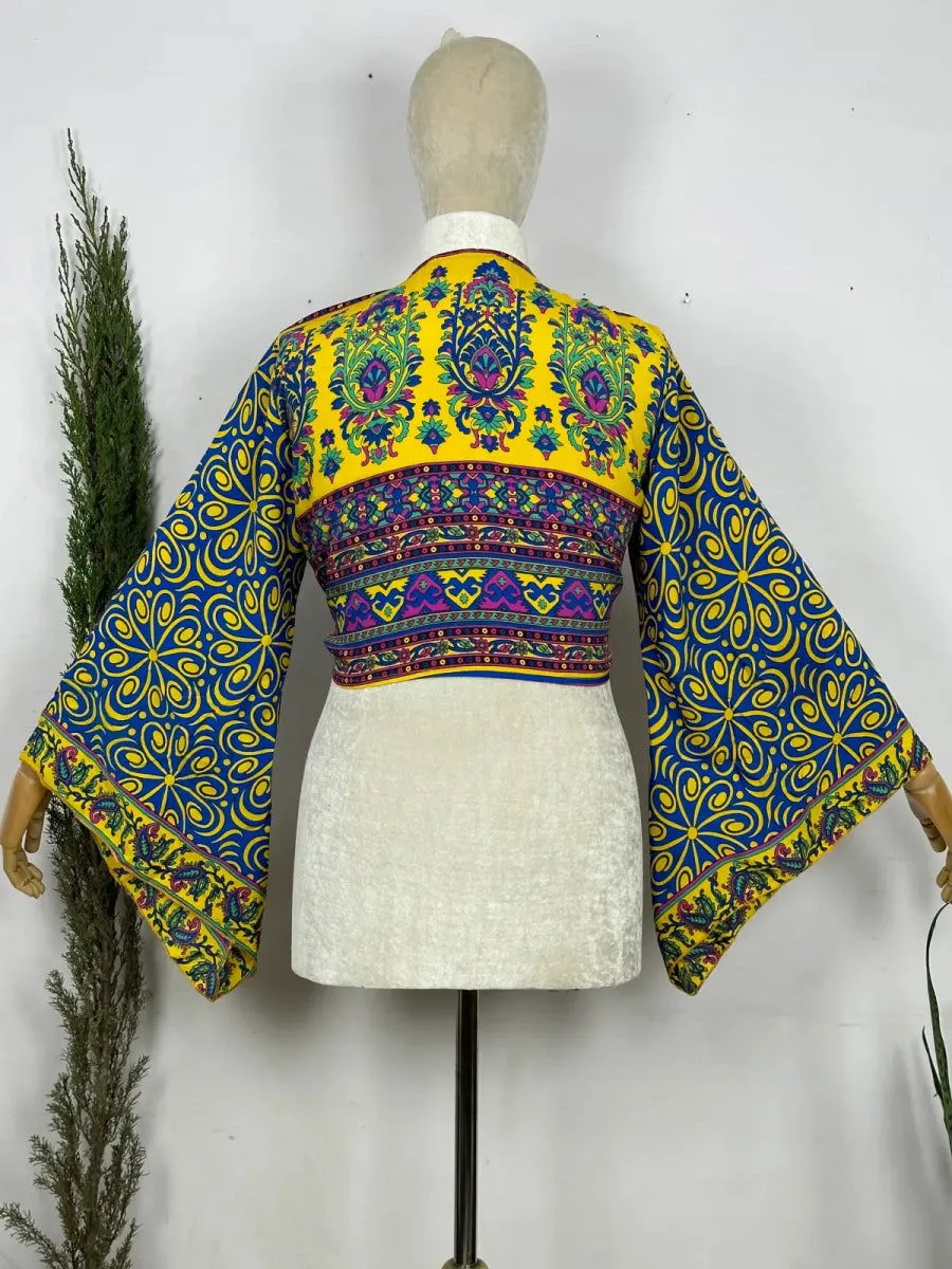 Bohemian Hippie Long Bell Sleeve Wrap Top with Front Tie, Colorful Paisley and Flower Pattern, Festival Boho Fairy Goddess, Summer Going Out | Blue Yellow