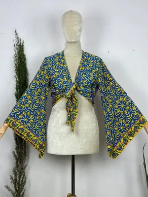 Bohemian Hippie Long Bell Sleeve Wrap Top with Front Tie, Colorful Paisley and Flower Pattern, Festival Boho Fairy Goddess, Summer Going Out | Blue Yellow