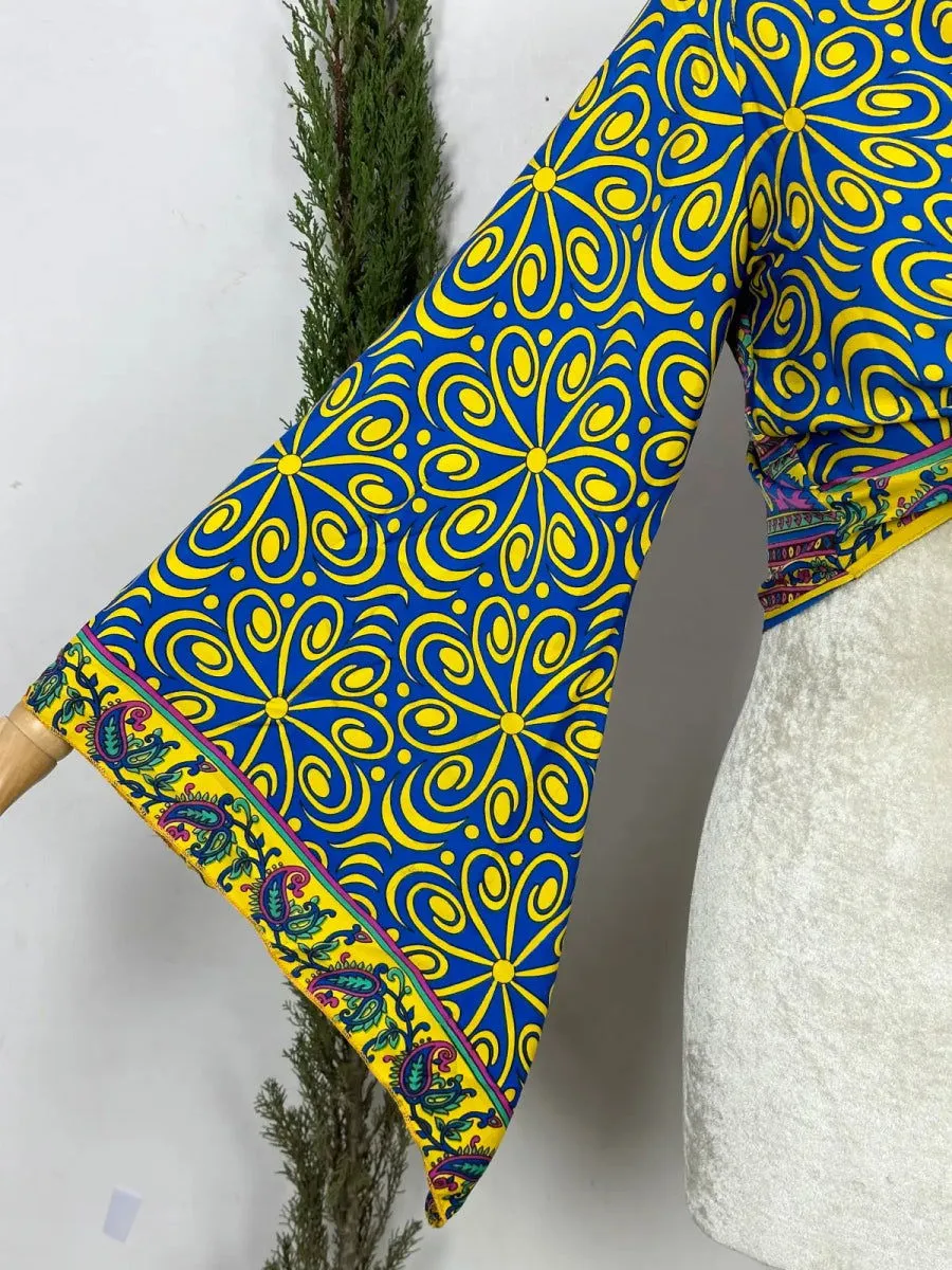 Bohemian Hippie Long Bell Sleeve Wrap Top with Front Tie, Colorful Paisley and Flower Pattern, Festival Boho Fairy Goddess, Summer Going Out | Blue Yellow