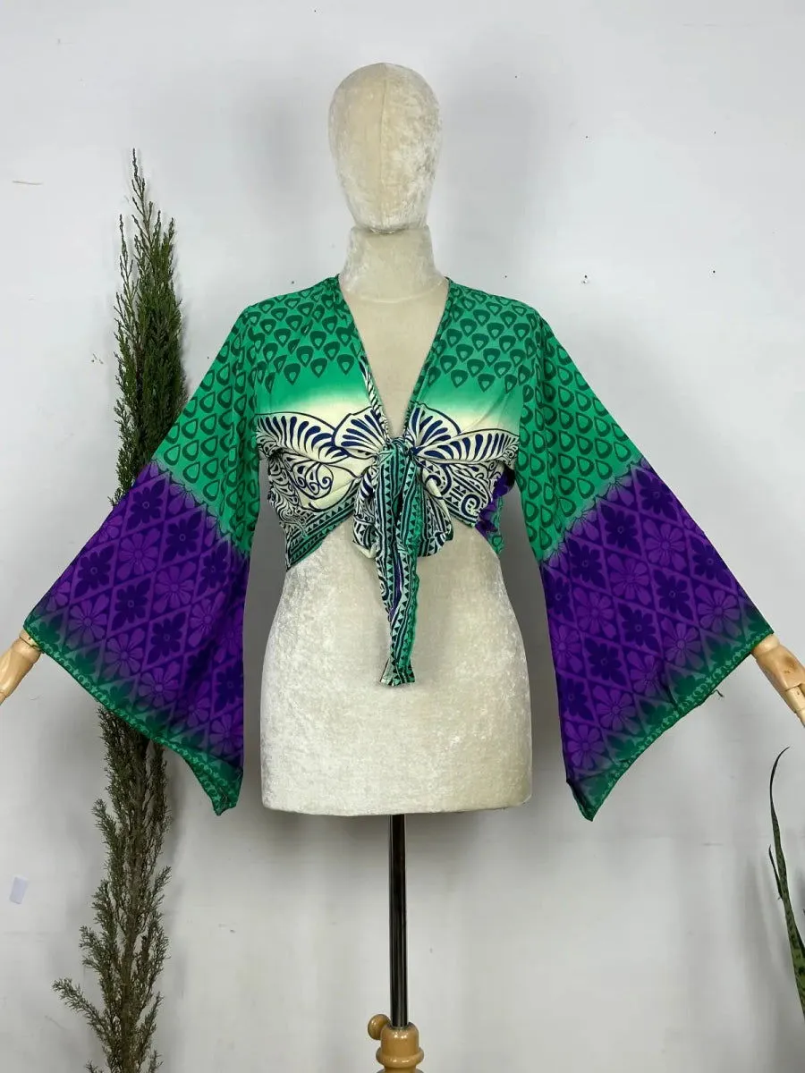 Bohemian Hippie Long Bell Sleeve Wrap Top with Front Tie, Colorful Paisley and Flower Pattern, Festival Boho Fairy Goddess, Summer Going Out | Green Purple Motifs