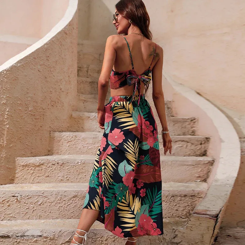 Boho Floral Two Pieces Set Top & Long Maxi Skirts