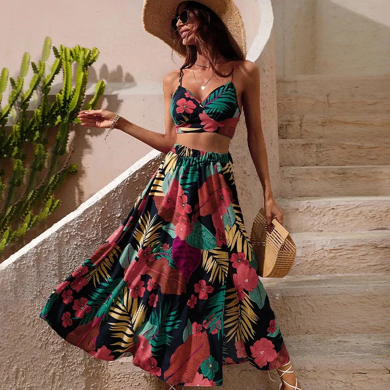 Boho Floral Two Pieces Set Top & Long Maxi Skirts