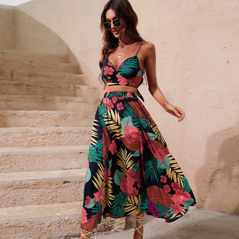 Boho Floral Two Pieces Set Top & Long Maxi Skirts