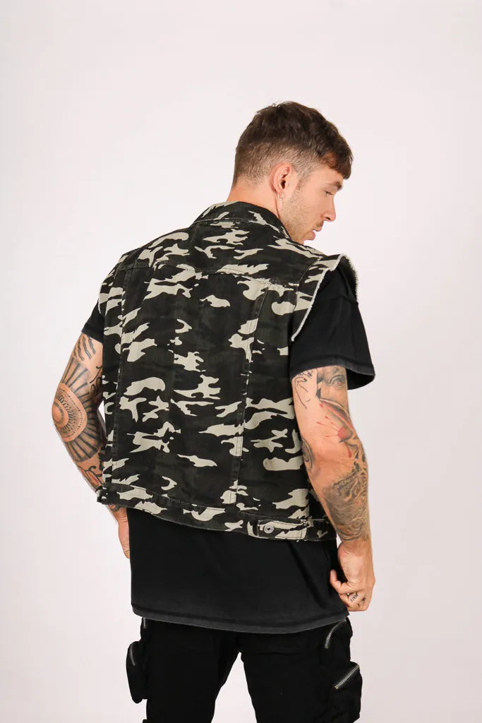 Camo Sleeveless Denim Jacket