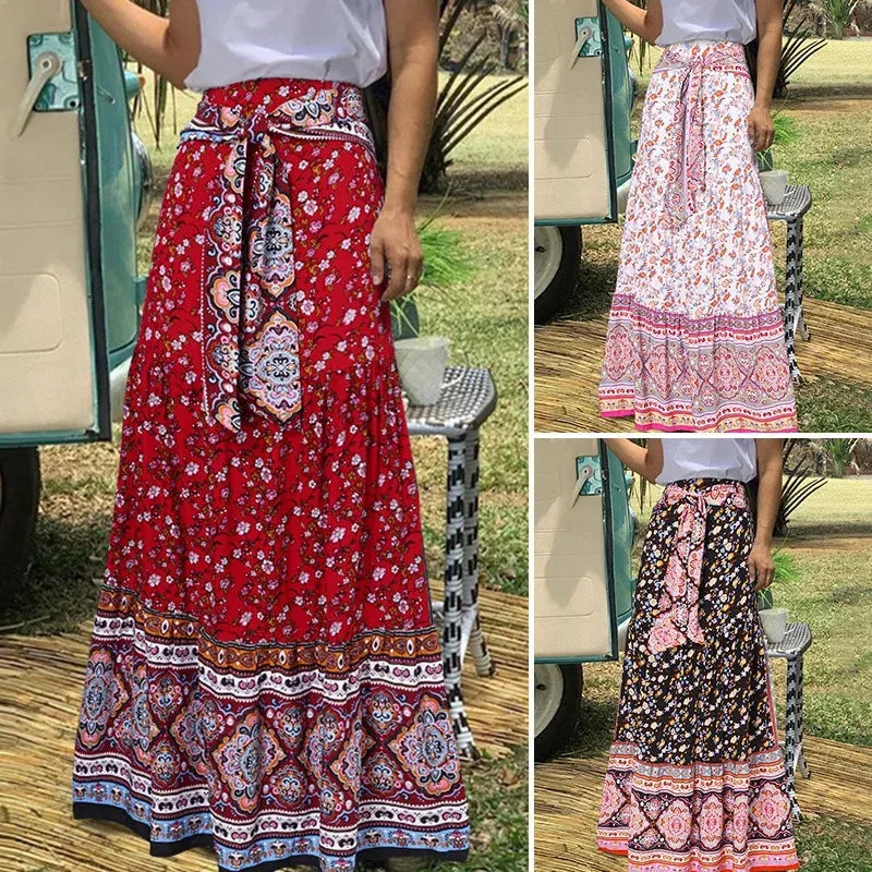 Casual Bandage High Waist Boho Skirt