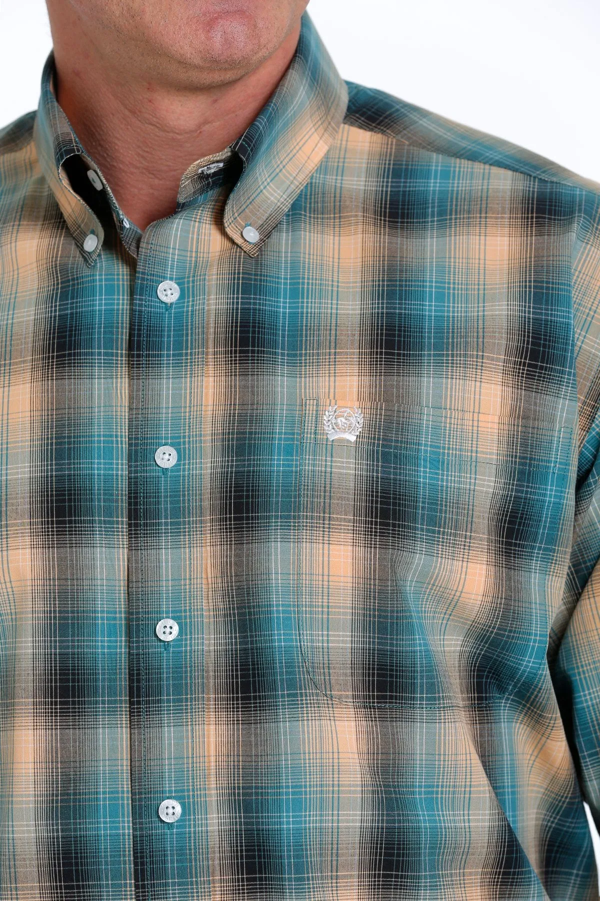 Cinch Mens Plaid Buttoned Down Western L/S Shirt - Teal/Orange - MTW1105559