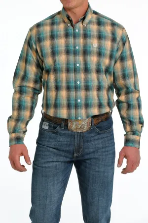 Cinch Mens Plaid Buttoned Down Western L/S Shirt - Teal/Orange - MTW1105559