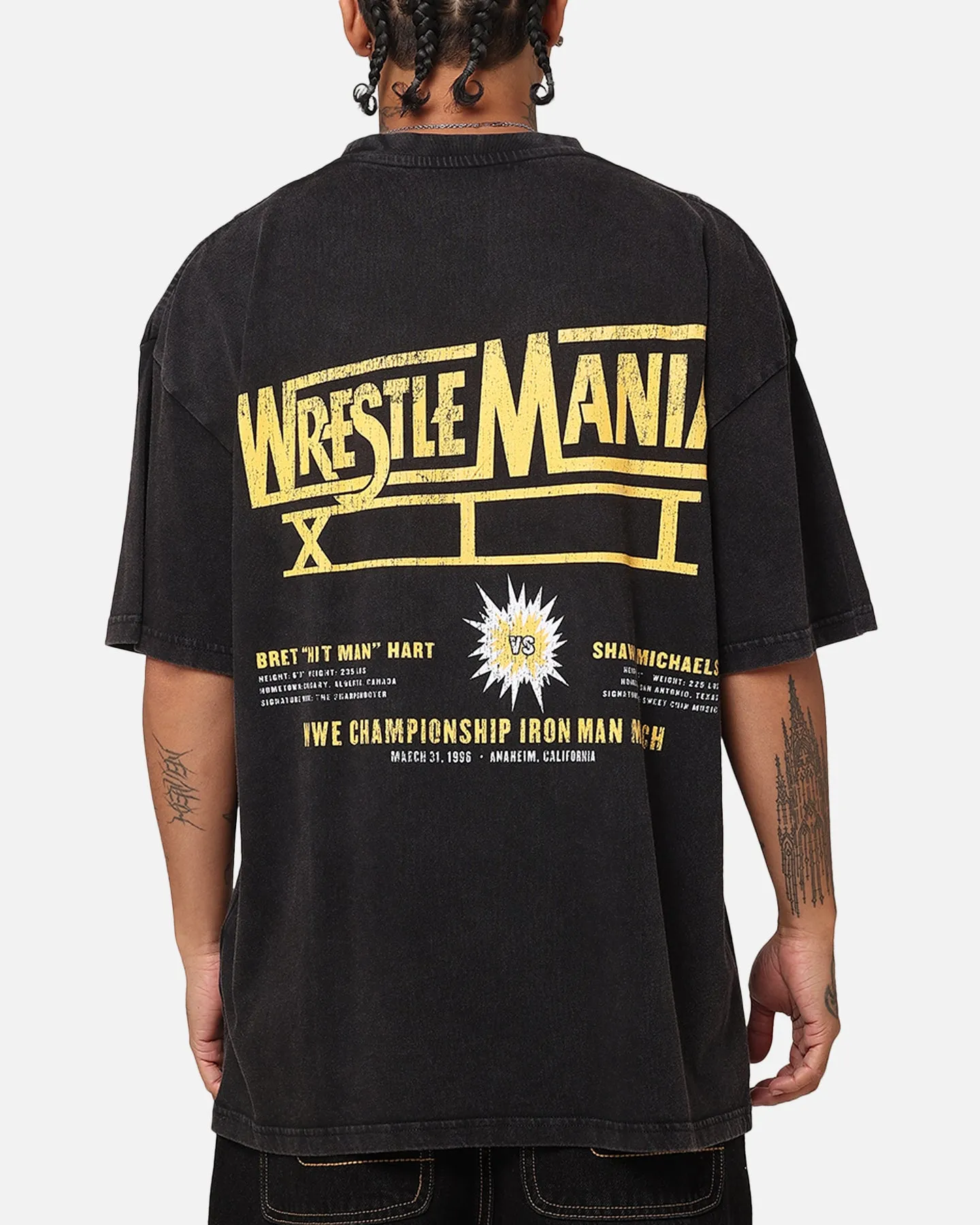 Culture Kings X WWE Bret "The Hit Man" Hart vs. Shawn Michaels Wrestlemania XII Vintage T-Shirt Black Acidwash