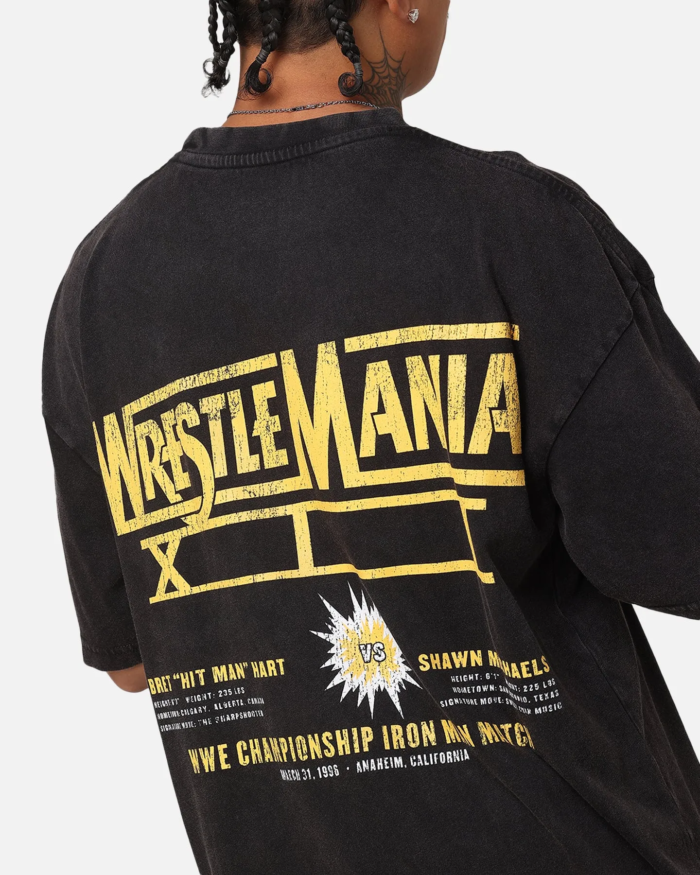 Culture Kings X WWE Bret "The Hit Man" Hart vs. Shawn Michaels Wrestlemania XII Vintage T-Shirt Black Acidwash