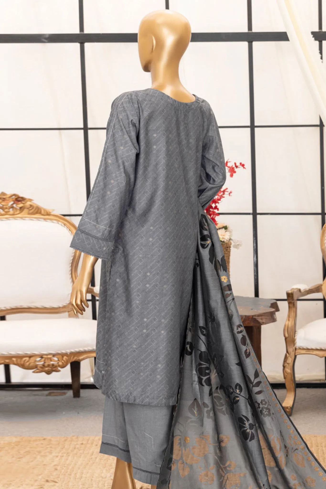 Damask By HZ Stitched 3 Piece Jacquard Lawn Collection'2024-DJL-402-Grey