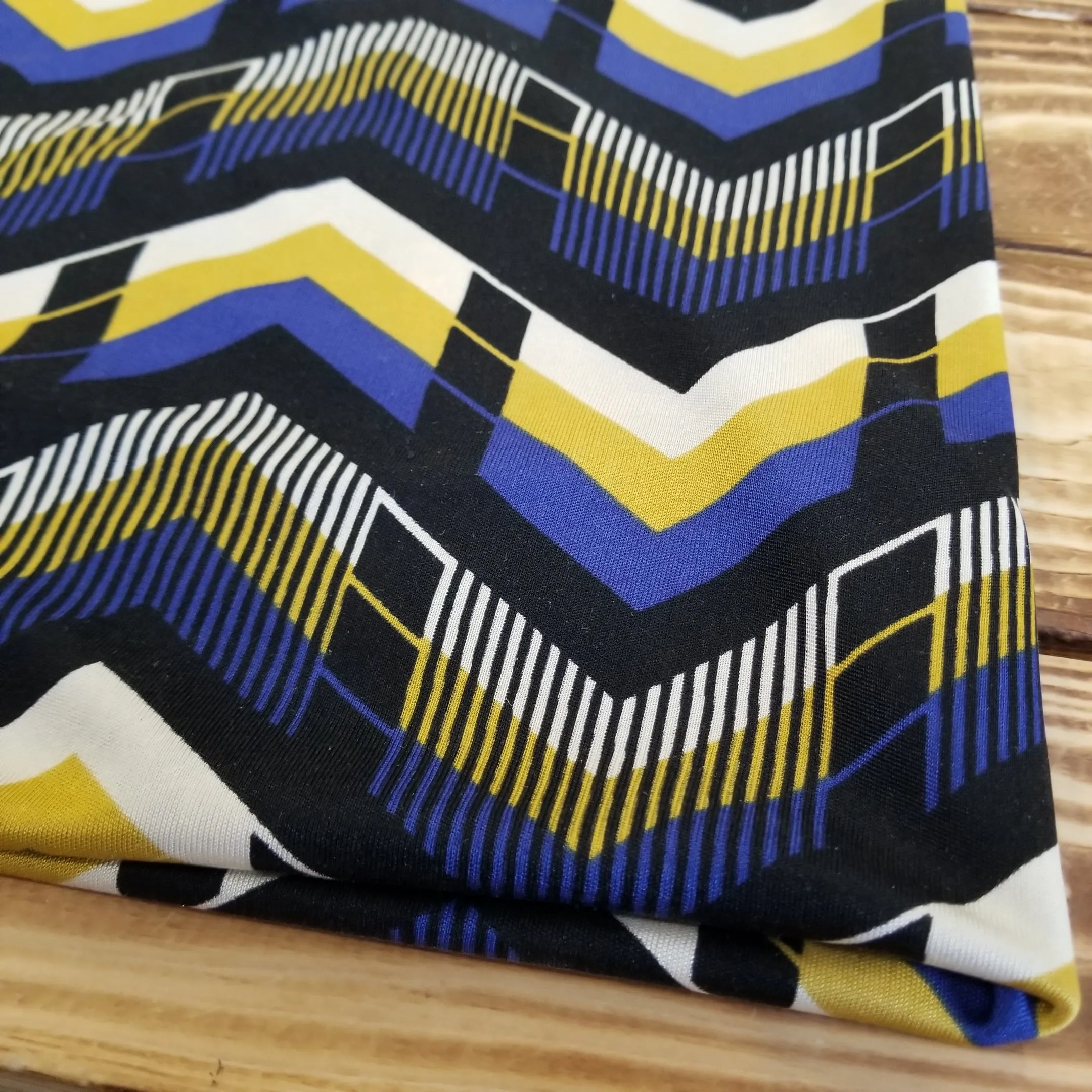 Designer Deadstock Silk Jersey Bohemian Blue and Yellow Geometric Abstract Print Knit-price  by the yard