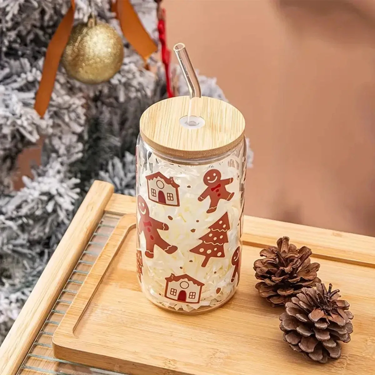 ELMAS Gingerbread Man Glass Can with Bamboo Lid - Holiday Delight