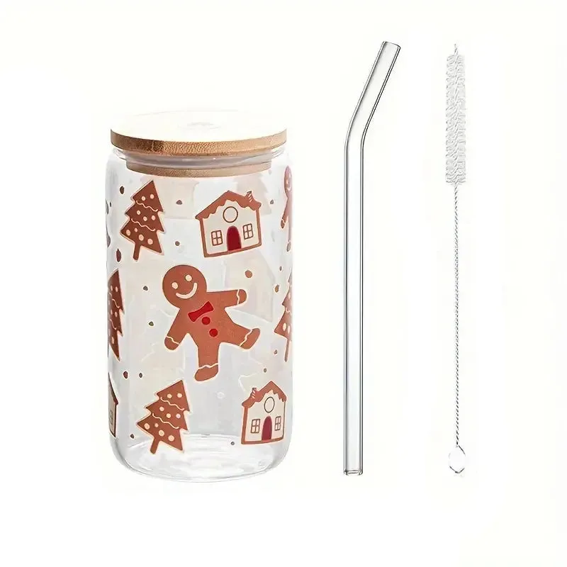 ELMAS Gingerbread Man Glass Can with Bamboo Lid - Holiday Delight