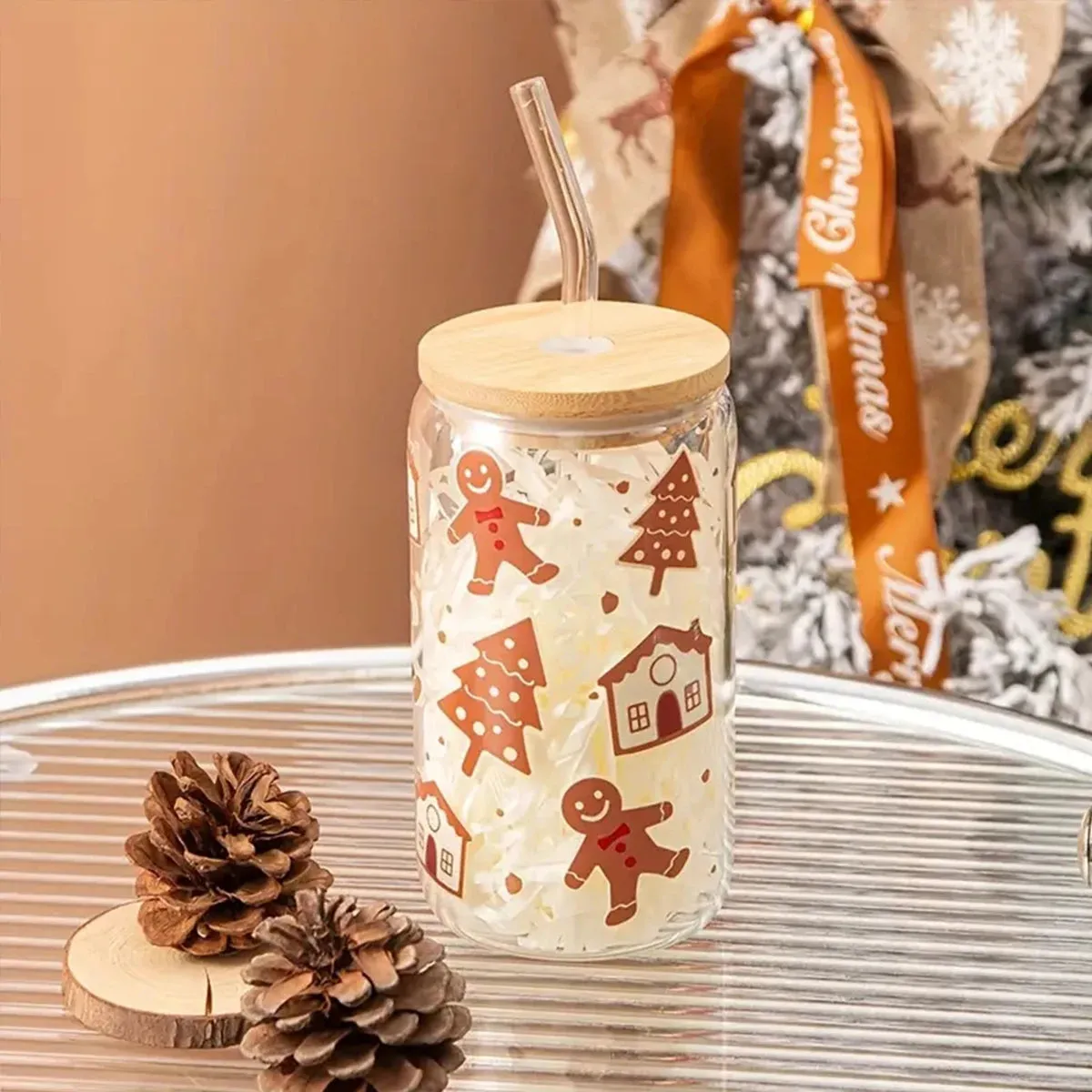 ELMAS Gingerbread Man Glass Can with Bamboo Lid - Holiday Delight