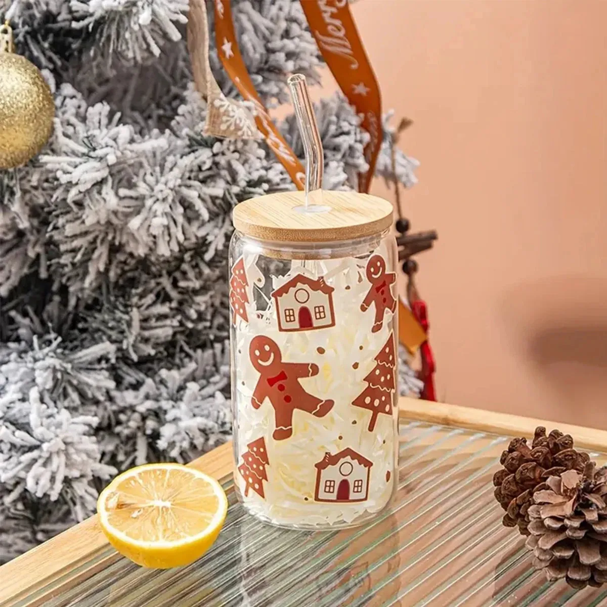 ELMAS Gingerbread Man Glass Can with Bamboo Lid - Holiday Delight