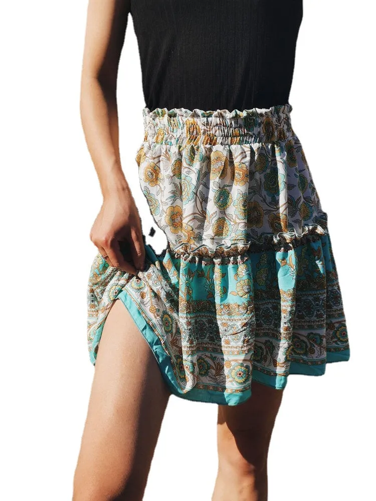 Ethnic Women Elastic Waist Floral Ruffle Pleated Printed Mini Short Skirts