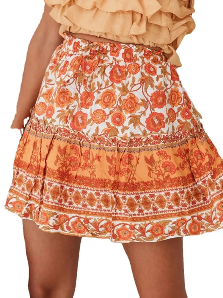 Ethnic Women Elastic Waist Floral Ruffle Pleated Printed Mini Short Skirts