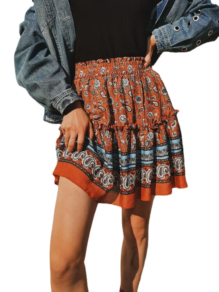 Ethnic Women Elastic Waist Floral Ruffle Pleated Printed Mini Short Skirts