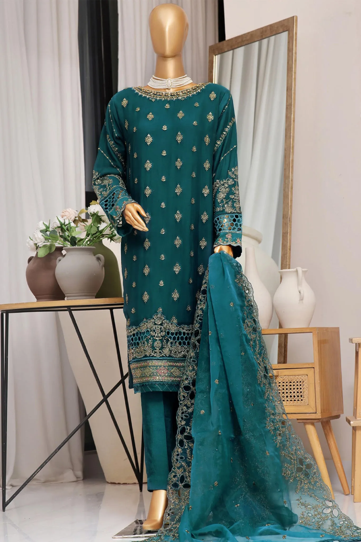 Fasaane By HZ Stitched 3 Piece Formals Chiffon Vol-05 Collection'2024-HZK-173-Teal