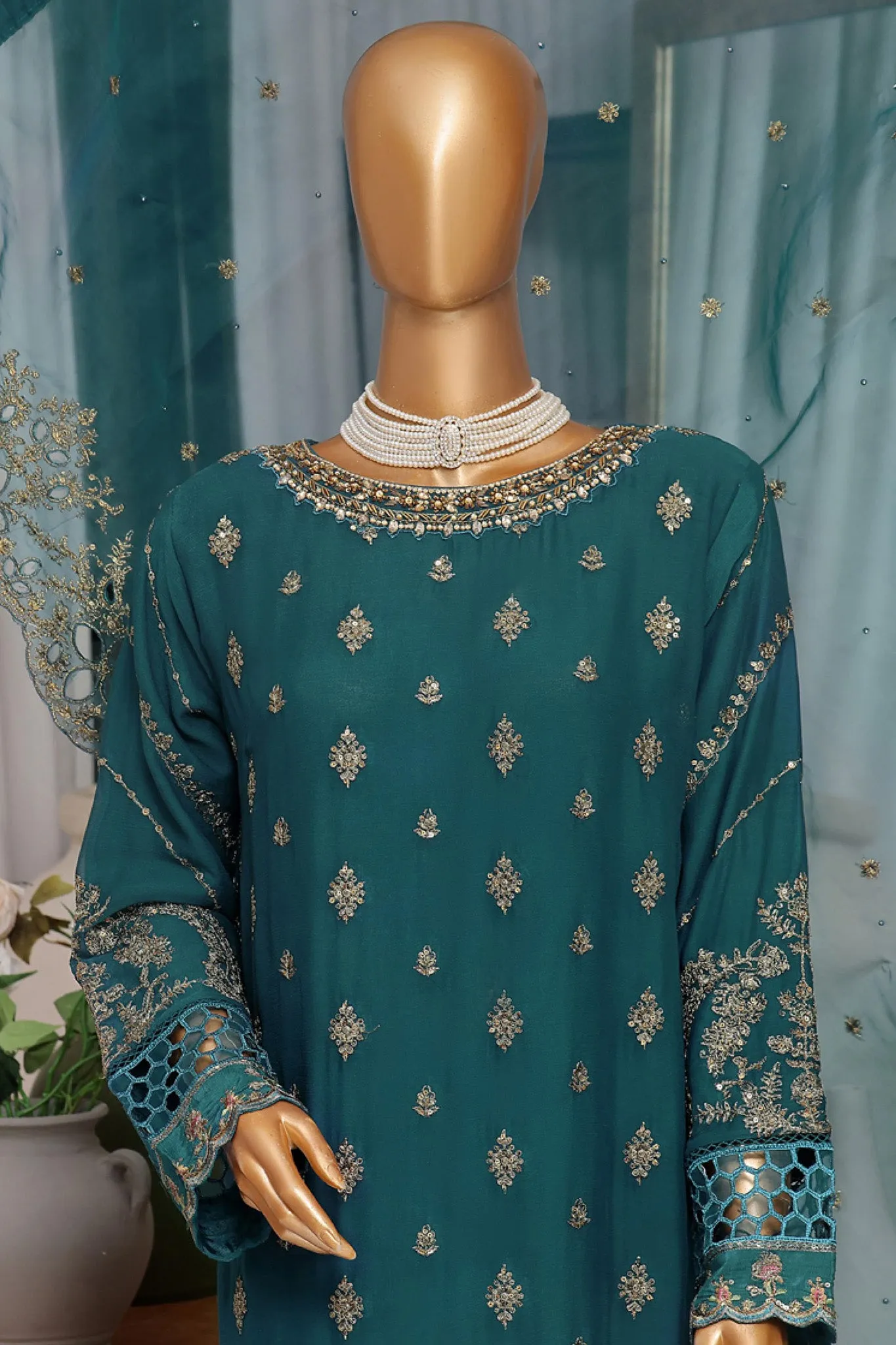 Fasaane By HZ Stitched 3 Piece Formals Chiffon Vol-05 Collection'2024-HZK-173-Teal