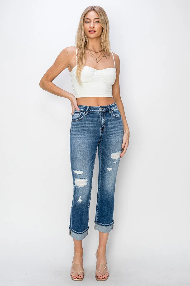 Full Size Cuffed Ankle Distressed Straight Jeans