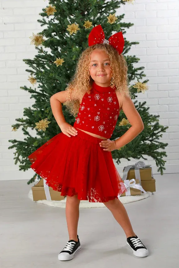 Girls Festive Red Embellished Tulle Skirt Set Kenna 2 Pcs Outfit 12M-14