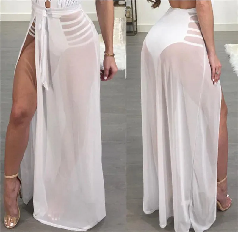 JuliaFashion - High Waist Mesh Empire See Through Sheer Side Split Transparent Chiffon Maxi Long Summer Skirts