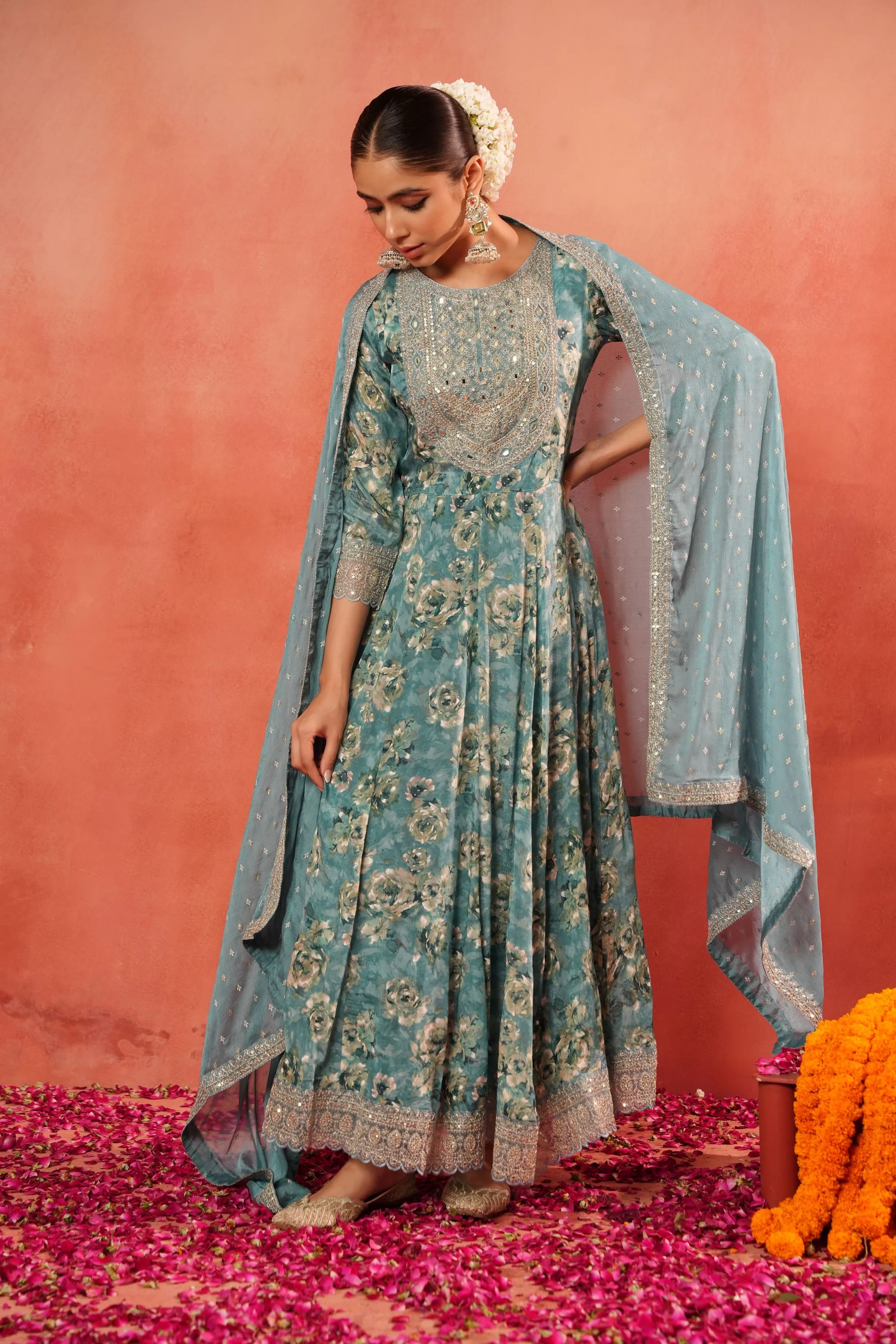 Light Sea Green Floral Printed Chinon Silk Anarkali Set