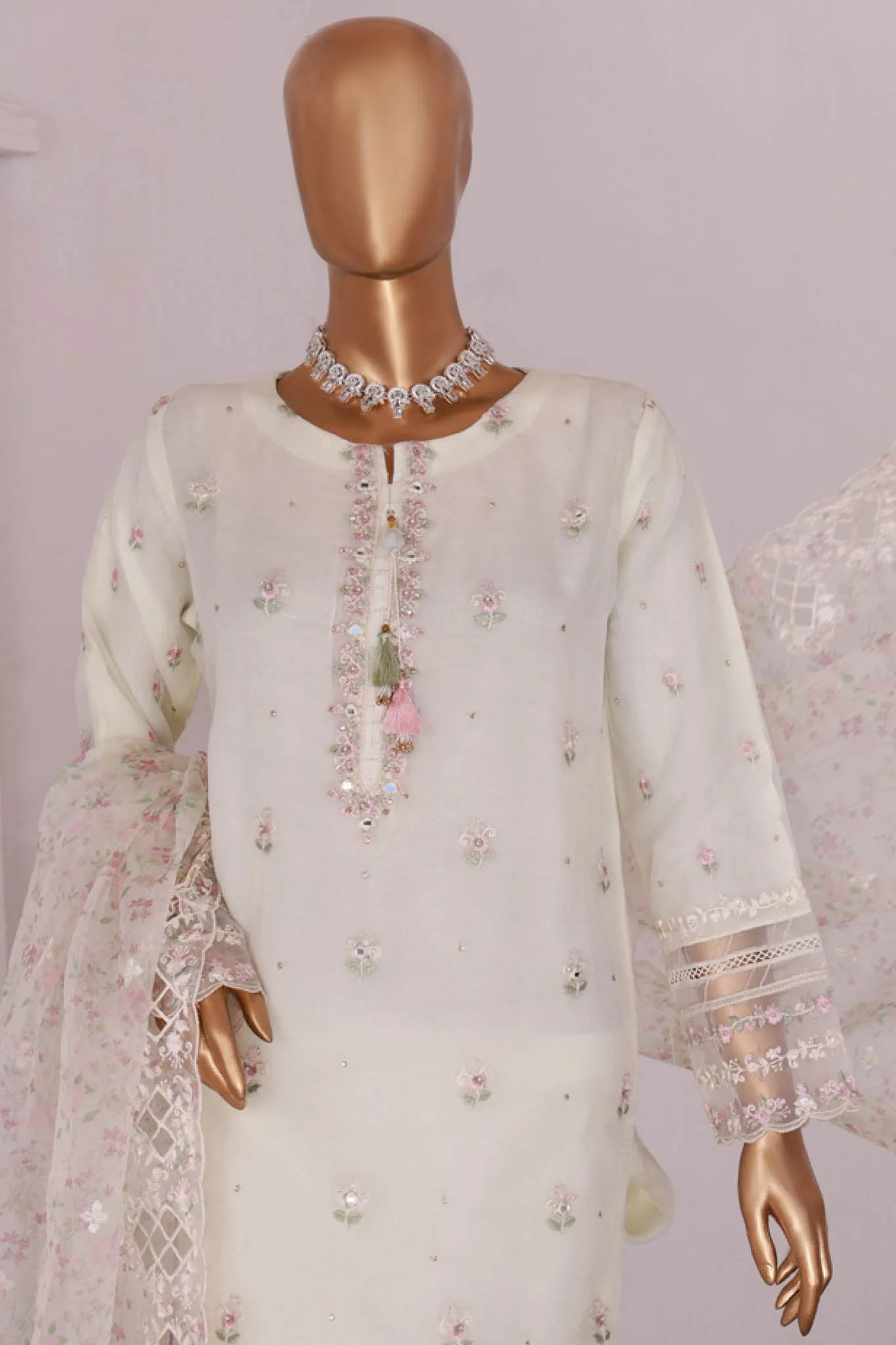 Luxe Pret By HZ Stitched 3 Piece Emb Organza Formals Collection'2024-HZK-162-Off White