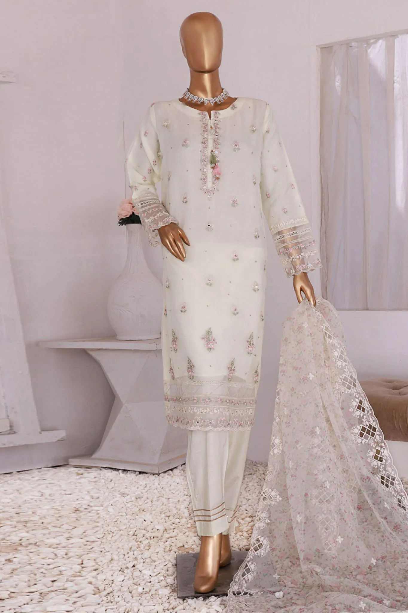 Luxe Pret By HZ Stitched 3 Piece Emb Organza Formals Collection'2024-HZK-162-Off White