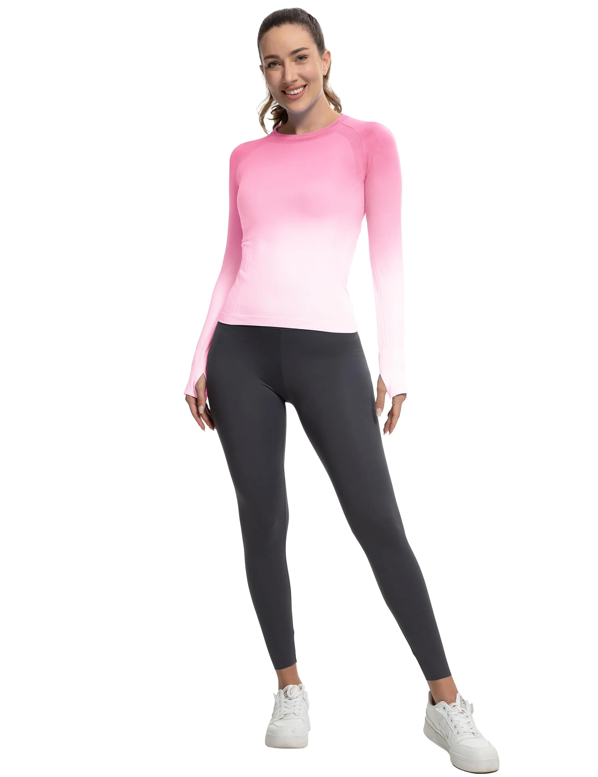 MathCat Long Sleeve Workout Tops for Women, Gradient Running Athletic Shirts, Seamless Breathable Tops with Thumb Holes