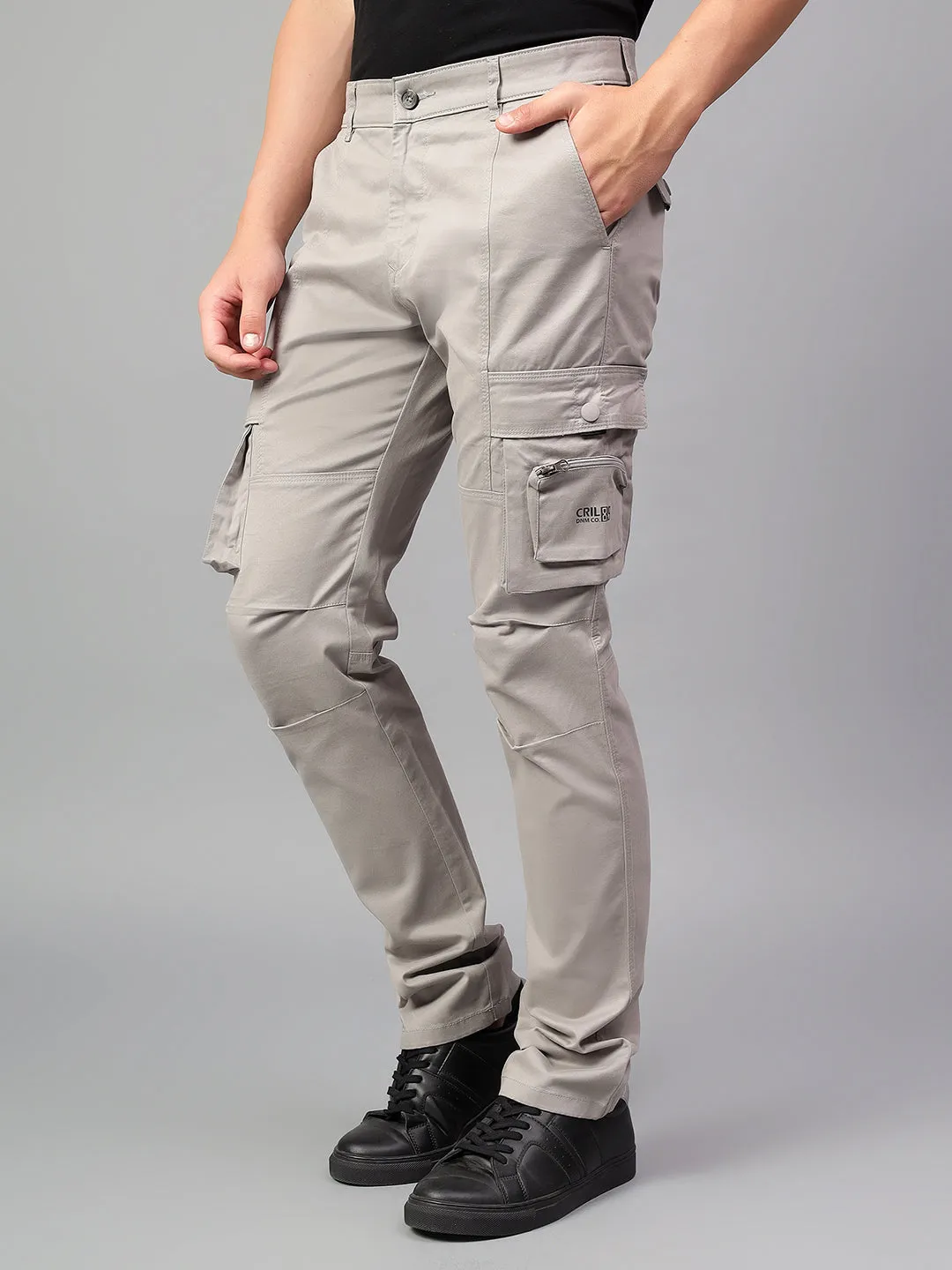 Men's Light Grey Solid Full Length Cargo