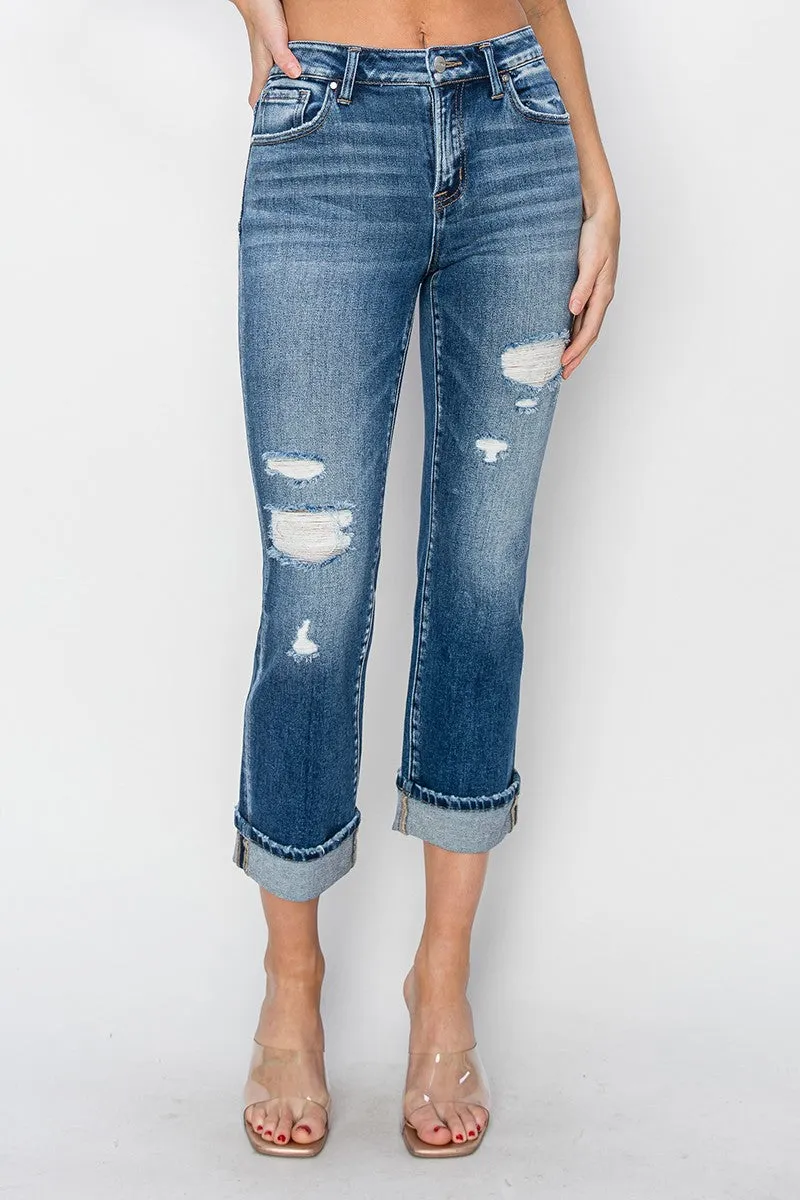 Mirabelle Cuffed Ankle Distressed Straight Jeans by RISEN