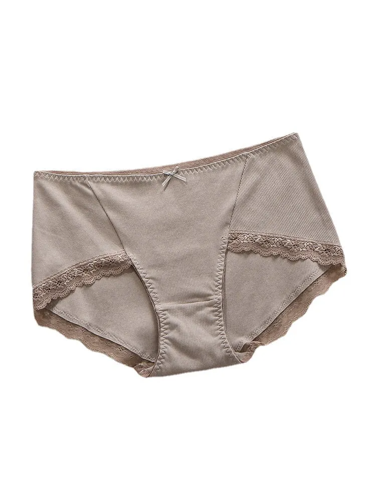 Plus Size Women Rib Lace Trim Bowknot Cotton Cozy Panties