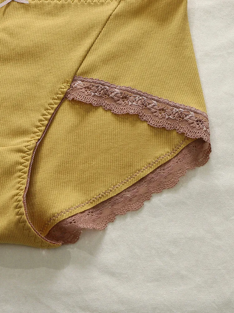 Plus Size Women Rib Lace Trim Bowknot Cotton Cozy Panties