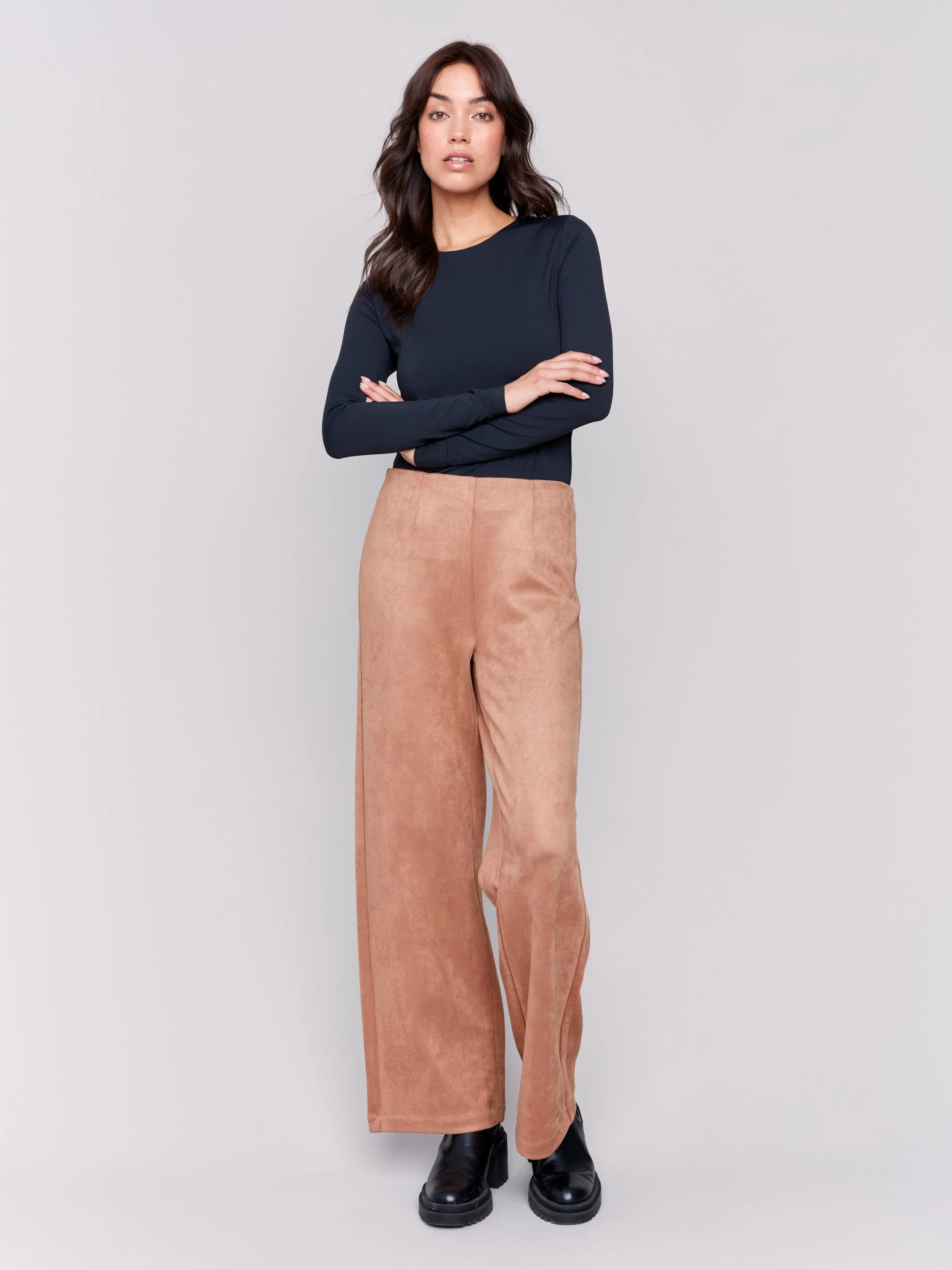 Pull-On Faux Suede Flare Pants - Truffle