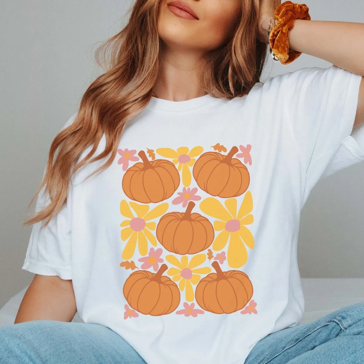 Pumpkin Collage With Flowers Comfort Color Wholesale Tee - Quick Shipping